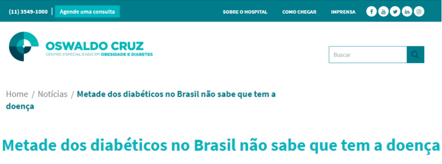 Metade dos diabéticos no Brasil não sabe que tem a doença, segundo Oswaldo Cruz.